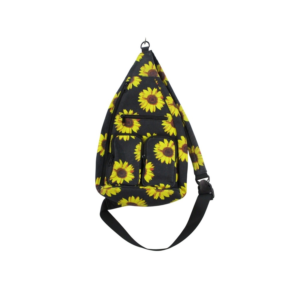Sunflower Print Sling Backpack Canvas Crossbody Bag Black Yellow Floral Travel